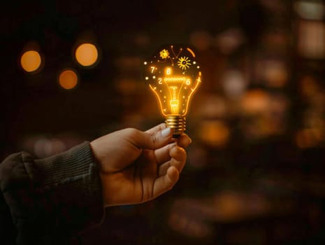 Illuminated lightbulb held in hand with creative symbols, representing the concept of innovation and inspiration