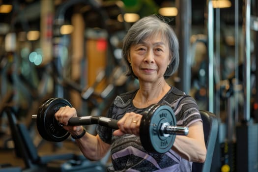 Elder asian woman smiling while lifting dumbbells, maintaining fitness at a well-equipped gym