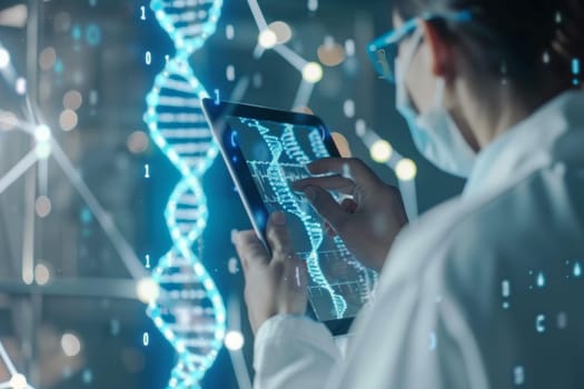 Doctor using a digital tablet to analyze dna helix interface in a state-of-the-art laboratory