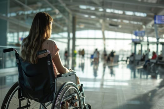 Woman in a wheelchair patiently waiting in a sunlit airport terminal from the rear view