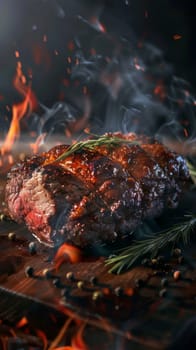 Sizzling roasted leg of beef seasoned with herbs on a rustic wooden board, surrounded by flames and smoke
