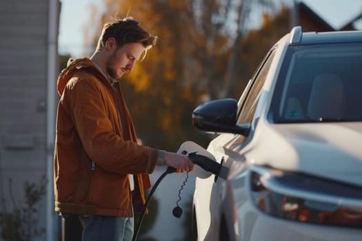 Focused individual connecting a charger to a white electric car during golden hour