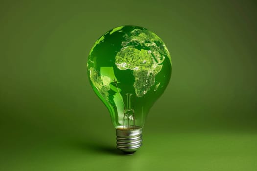 Light bulb with a green earth map symbolizing renewable energy and environmental protection