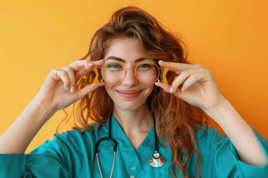 Portrait of a cheerful young woman in medical scrubs holding her glasses against a vibrant orange background