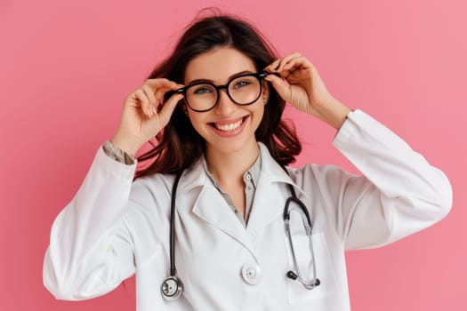Radiant young woman in white lab coat and glasses holding stethoscope, vibrant pink background