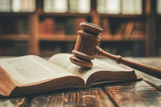 Focused view on an open law book with a wooden judge's gavel resting on top, set in a courtroom ambiance