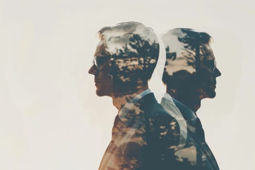 Urban financial insight: creative double exposure of businessmen with cityscape in artistry