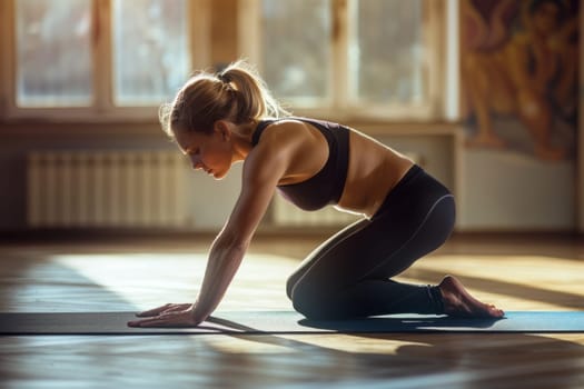 Young woman performs a vinyasa yoga asana in a bright, peaceful studio