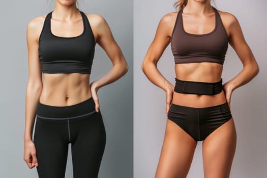 Before and after weight loss comparison of a woman, highlighting fitness transformation through split images