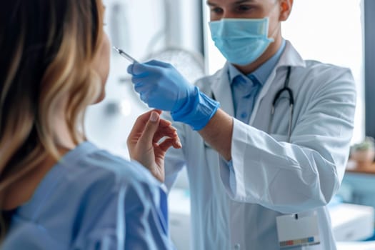 Concentrated dermatologist using a magnifying tool to examine moles and skin growths on a patient's arm
