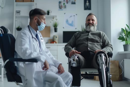 Smiling man in a wheelchair having a friendly consultation with a physiotherapist in a clinical setting