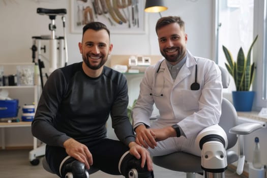Male physiotherapist and man with disability smiling during a successful rehab session in a bright clinic