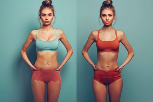 Comparison of a woman's transformation through fitness, featuring side-by-side images in athletic wear
