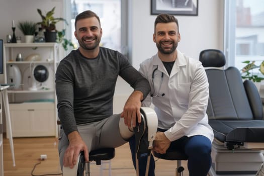 Cheerful physiotherapist assisting a man in a leg brace at a rehabilitation center