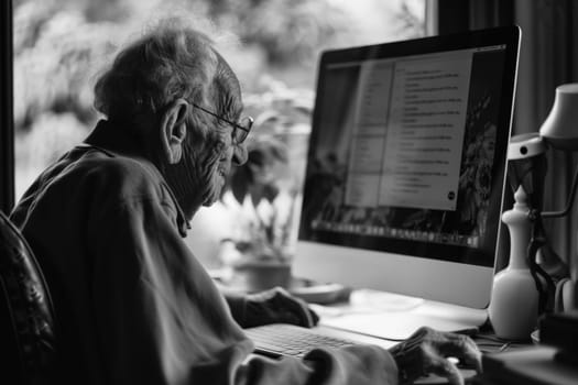 Grayscale image capturing a senior individual deeply focused while using a desktop computer in a domestic setting