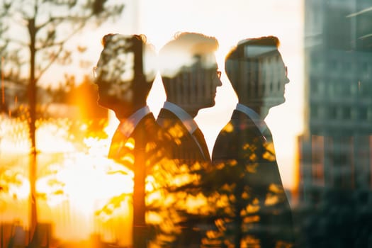 Creative double exposure of a corporate group blended with an urban sunset scene