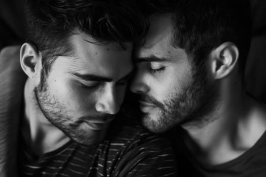 Intimate black and white portrait of two men showcasing a moment of brotherly love and connection