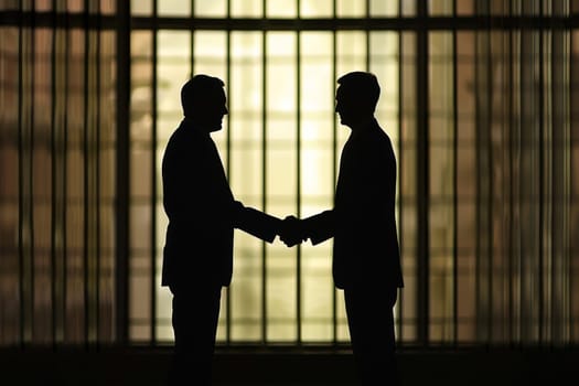 Silhouette of two businessmen shaking hands against a backlit grid window