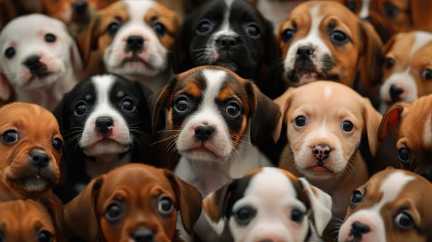 Portrait of many cute dogs. A group of small puppies posing. AI generated