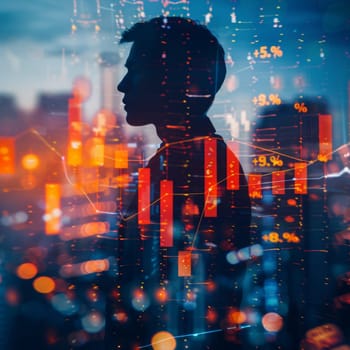 Double exposure of a man with financial stock trading chart. Generative AI