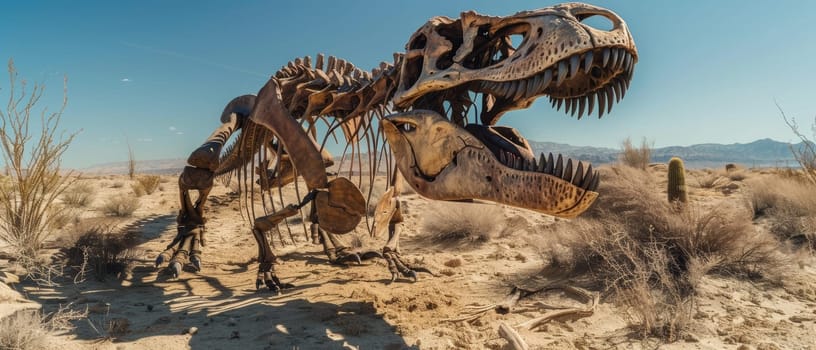 An epic depiction of two dinosaur skeletons in a confrontational stance amid the deserts expanse, simulating prehistoric combat. 3d rendering element of predator dinosaur fossil