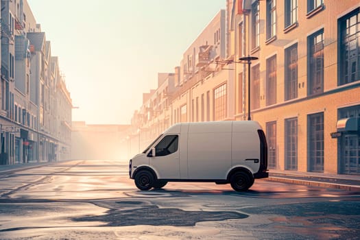 Side view of futuristic electric white van standing  on the empty street. AI generated