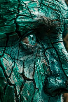 Dark green wood grained face. Wood pattern on human face, close-up view. AI generated