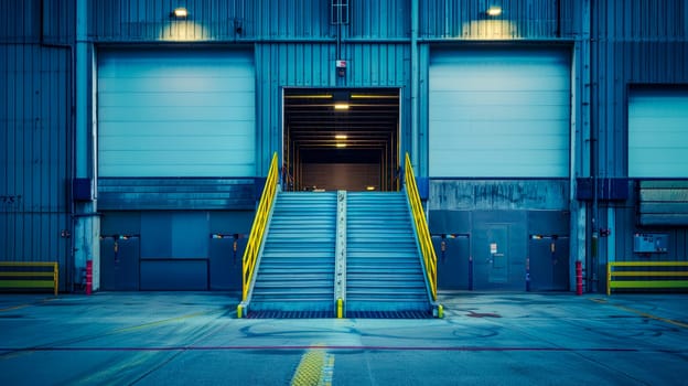 Stairs leading up to a industrial warehouse with roller gates. AI generated