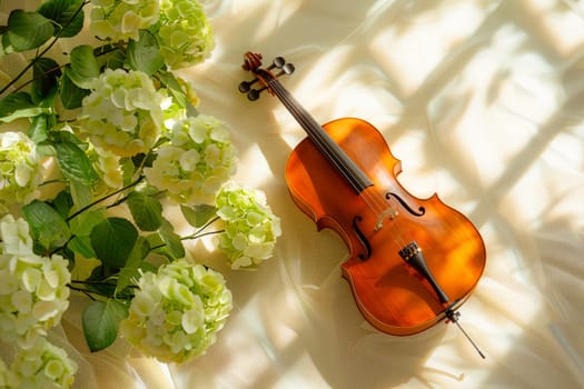 Still life with violin and beautiful light green hydrangea flowers. AI generated