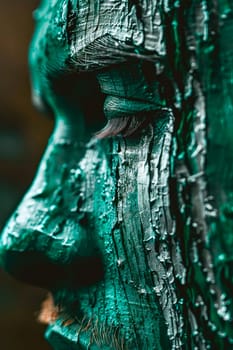 Dark green wood grained face. Wood pattern on human face, close-up view. AI generated