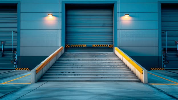Stairs leading up to a industrial warehouse with cosed gates. AI generated