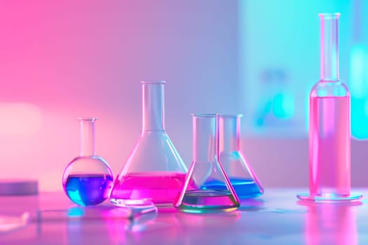 Education and science concept, colorful kid friendly backgound with laboratory equipment. Biotechnology and chemistry theme. AI generated