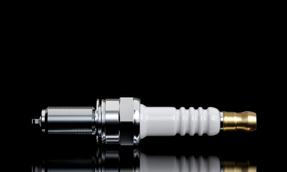 High-quality image of a spark plug isolated on a reflective black surface, 3d render