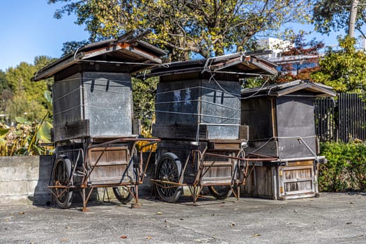 Row of empty street food carts with wheels in Ueno, Tokyo