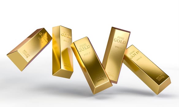 Conceptual image of golden ingots tipping over on an isolated white backdrop, 3d render
