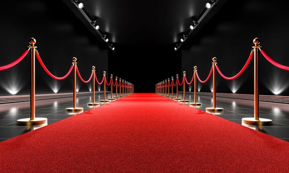 Luxurious red carpet lined with velvet ropes leading to an event with spotlighted background. 3d render