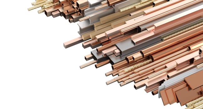 Abstract arrangement of shiny copper-colored metal pipes and tubes. 3d render