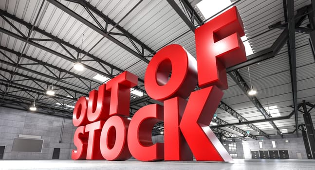 Large 3d out of stock sign inside an empty modern warehouse, symbolizing product shortage