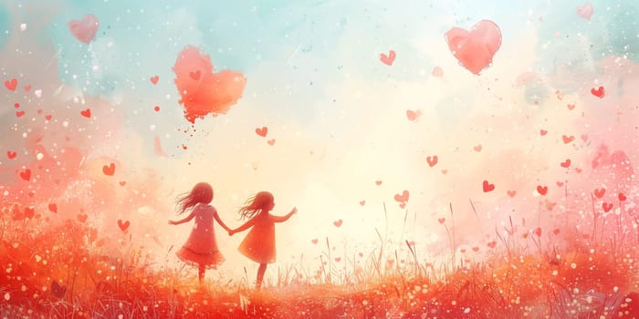 Happy children holding hands, hearts in the sky, love, emotion and friendship, happiness in childhood, kids playing on a meadow