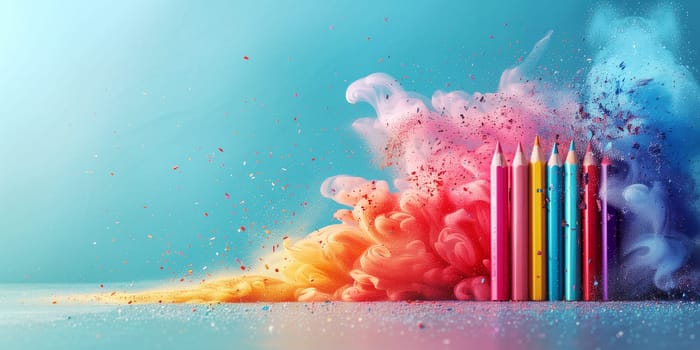 Multicolor pencil, explosion of colorful pigments, creativity, magic and inspiration, artistic idea, school children drawing with pen