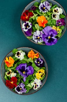 Plate with detox seasonal colorful edible flower salad. Copy space.