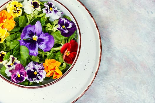 Plate with detox seasonal colorful edible flower salad. Copy space.