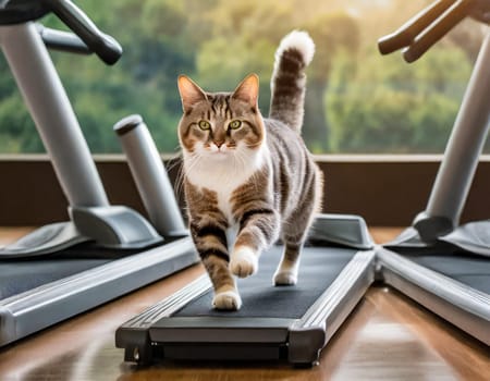 a cat engaging in physical activity, as it gracefully maneuvers on a treadmill, showcasing its agility and natural athleticism.
