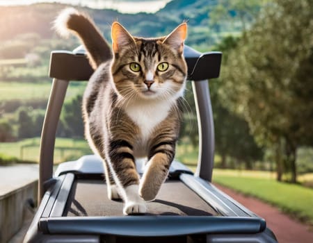 a cat engaging in physical activity, as it gracefully maneuvers on a treadmill, showcasing its agility and natural athleticism.