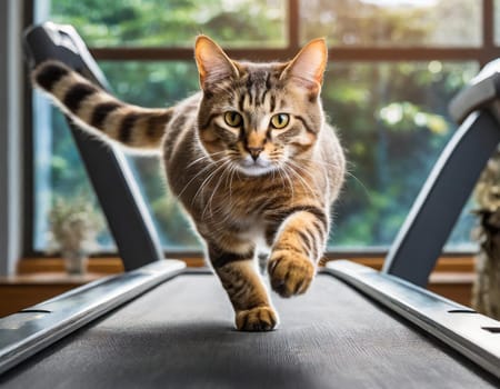 a cat engaging in physical activity, as it gracefully maneuvers on a treadmill, showcasing its agility and natural athleticism.