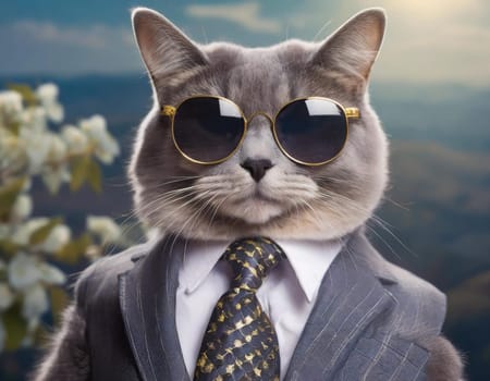 A cat wearing sunglasses and a suit with a tie.