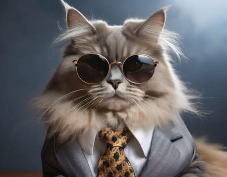 A cat wearing sunglasses and a suit with a tie.