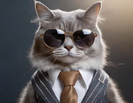 A cat wearing sunglasses and a suit with a tie.
