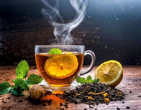 A clear glass cup of tea infused with lemon and mint leaves, steaming on a wooden table surr