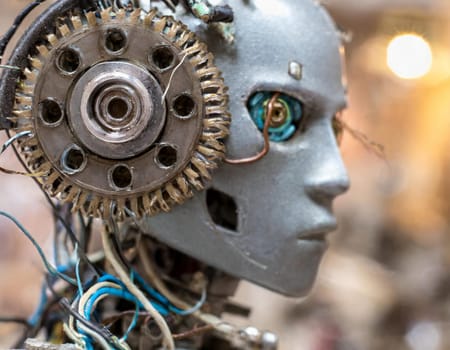 A close up of a robot head with gears and wires